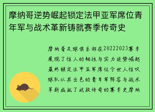 摩纳哥逆势崛起锁定法甲亚军席位青年军与战术革新铸就赛季传奇史 摩纳哥逆势崛起锁定法甲亚军席位青年军与战术革新铸就赛季传奇史